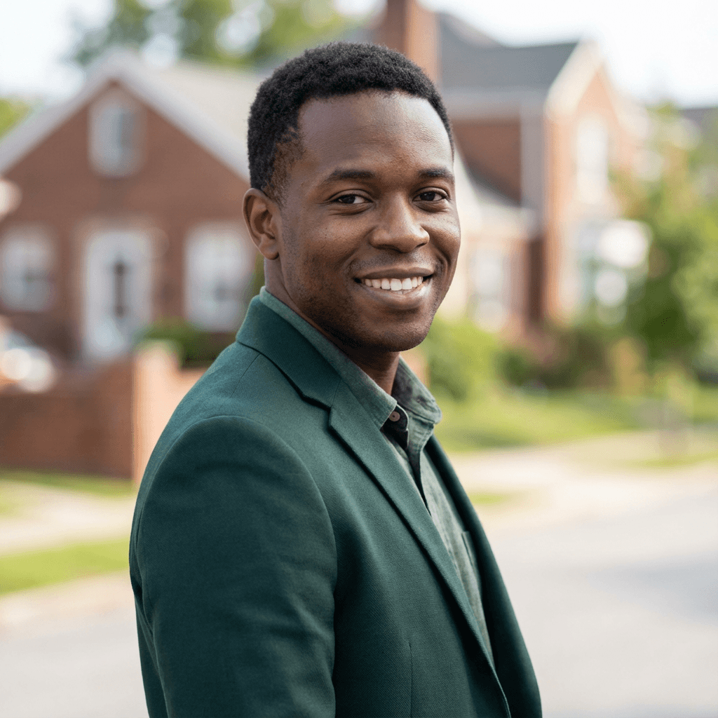 Male real estate investor in his late 30s, Black, confident professional appearance appropriate for business