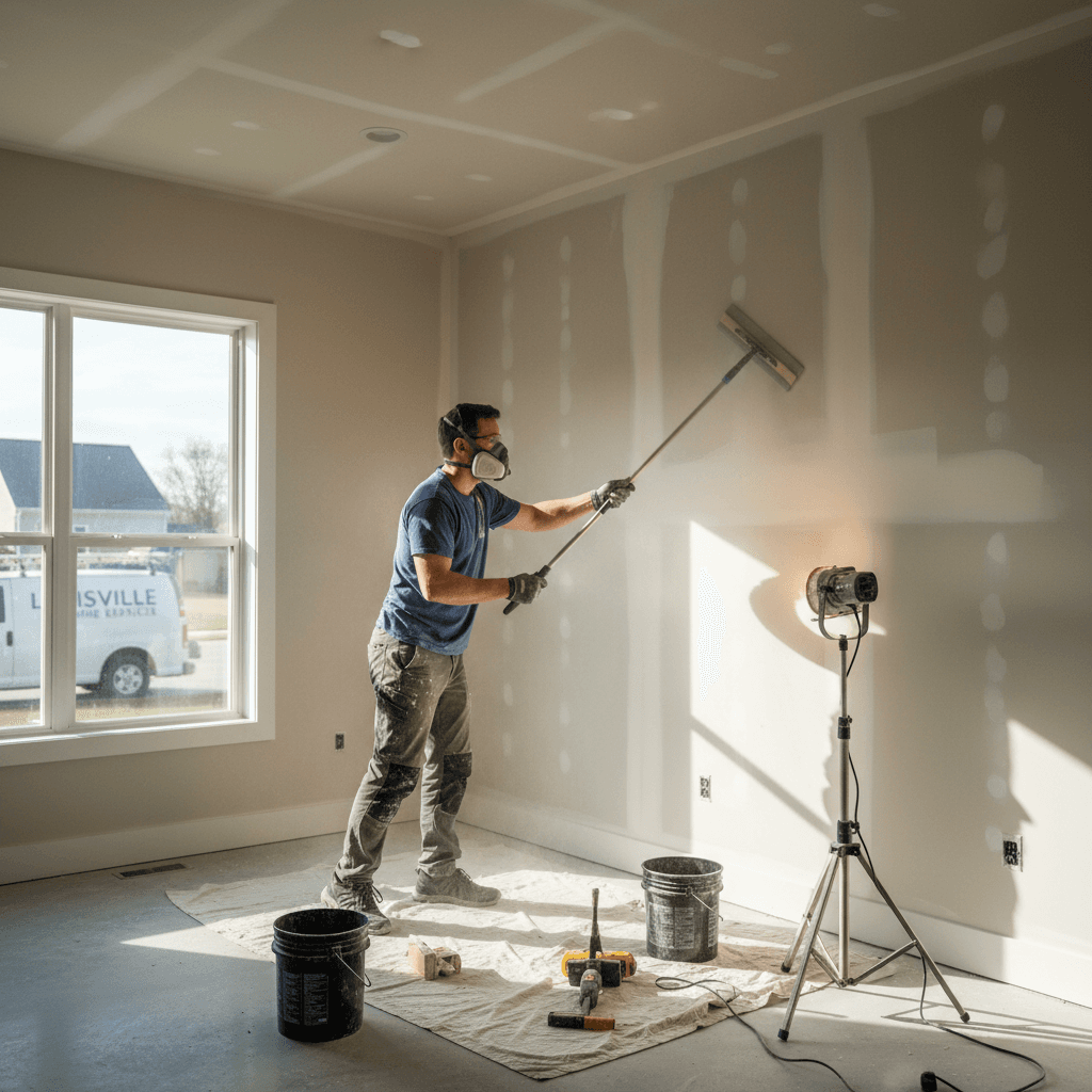 Handyman sanding drywall