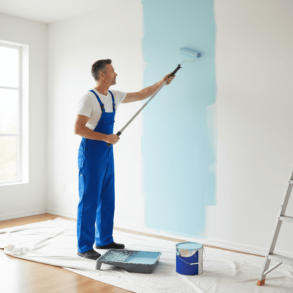 Handyman painting a living room wall in a Louisville home