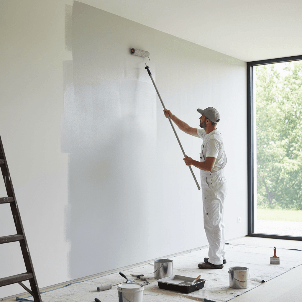 Painter using a roller on a wall in a bright living room