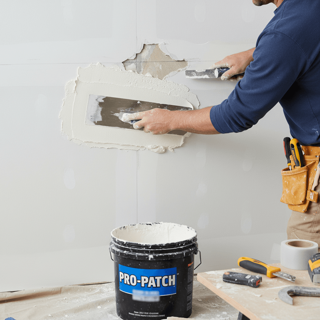 Handyman repairing drywall with spackle and a putty knife