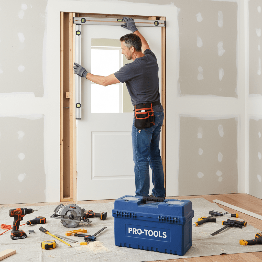 Handyman fitting a prehung interior door in a hallway