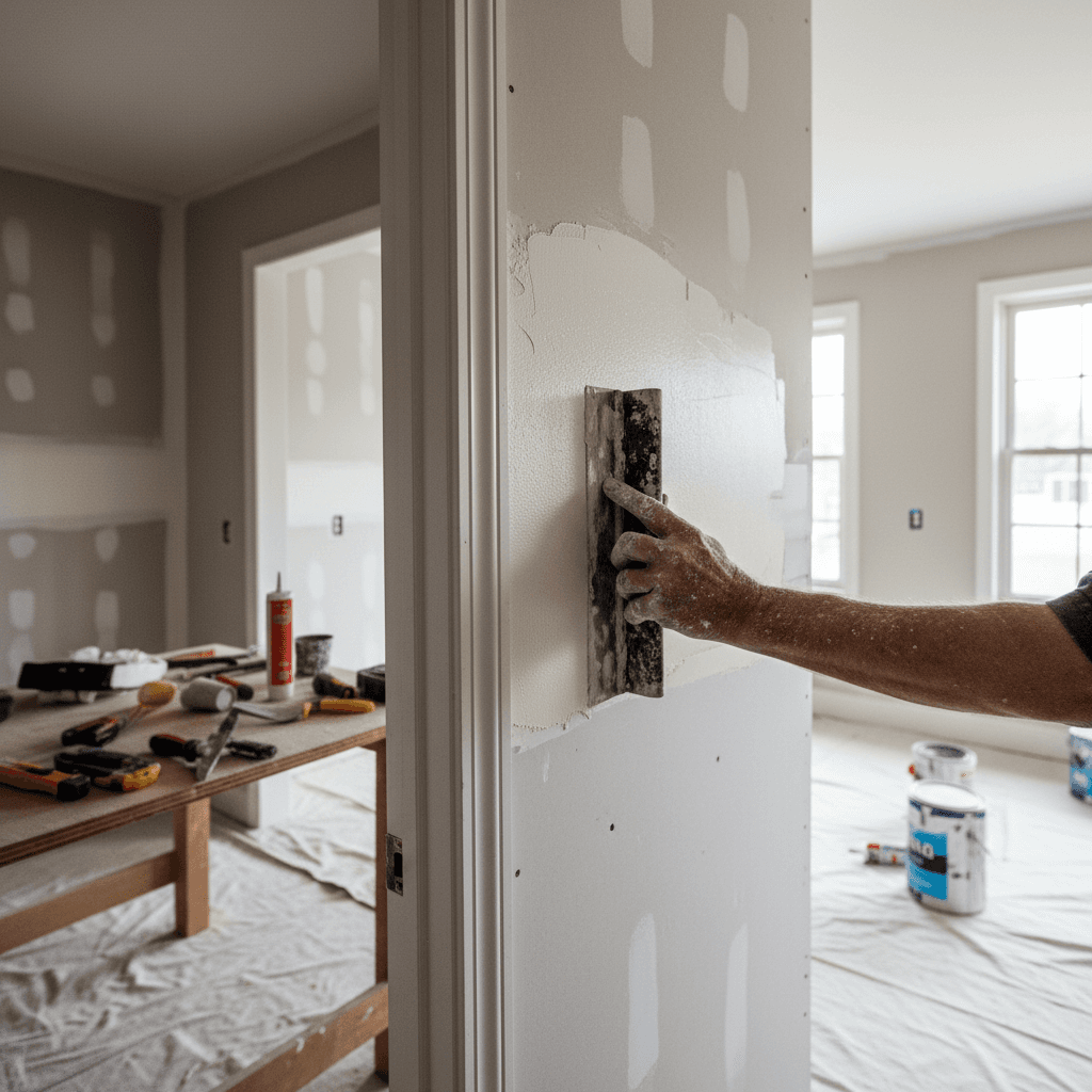 Handyman in a home performing drywall repair with professional tools
