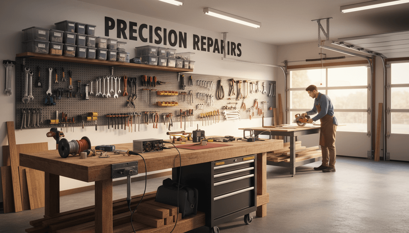 neatly organized workbench with power tools in a handyman workshop