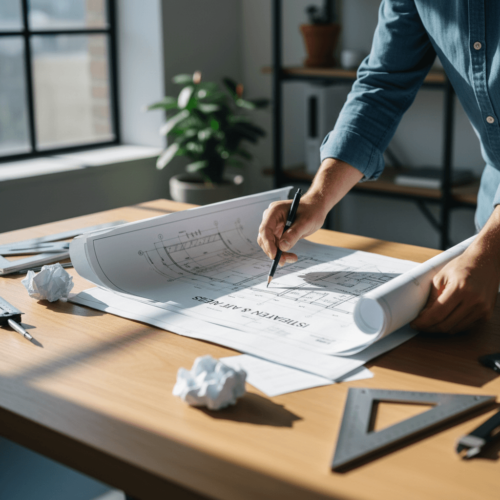 handyman reading notes on a clipboard in a workshop