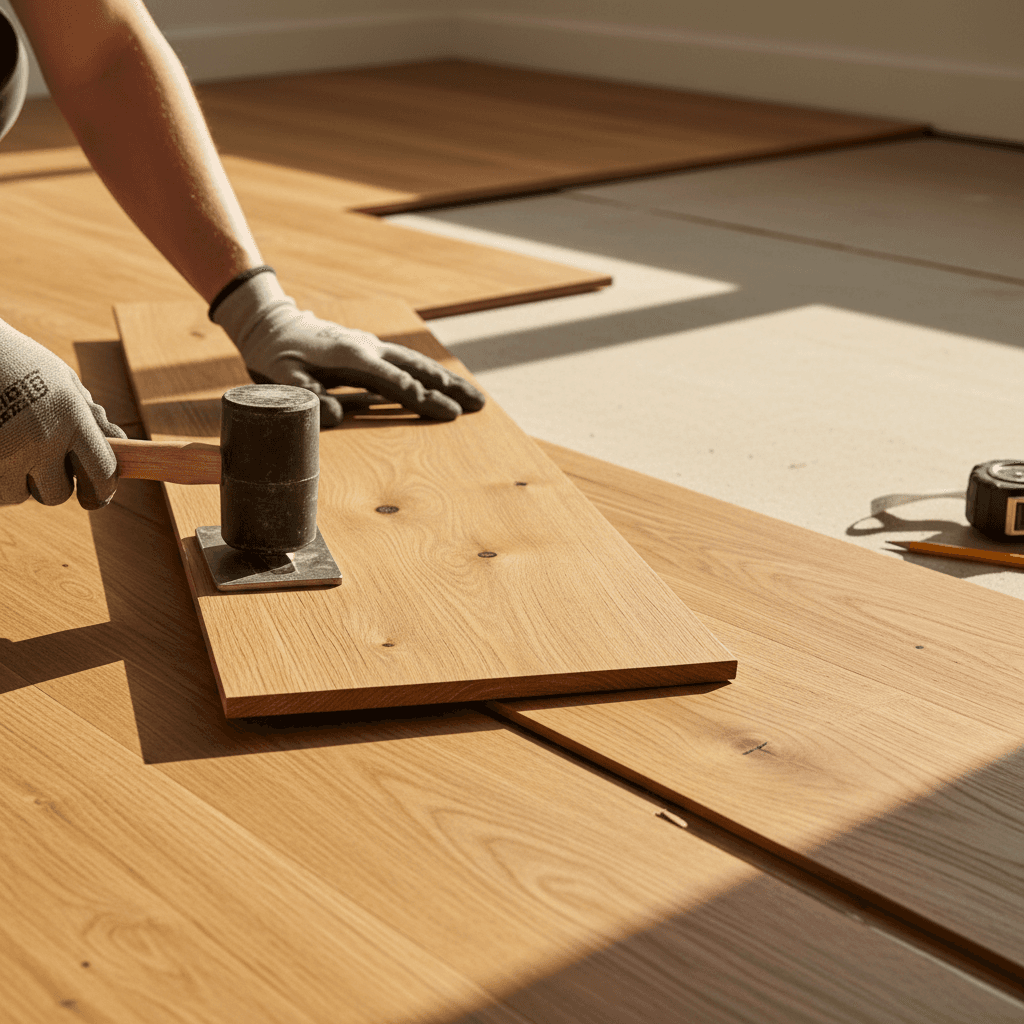 Jacob installing flooring plank by plank