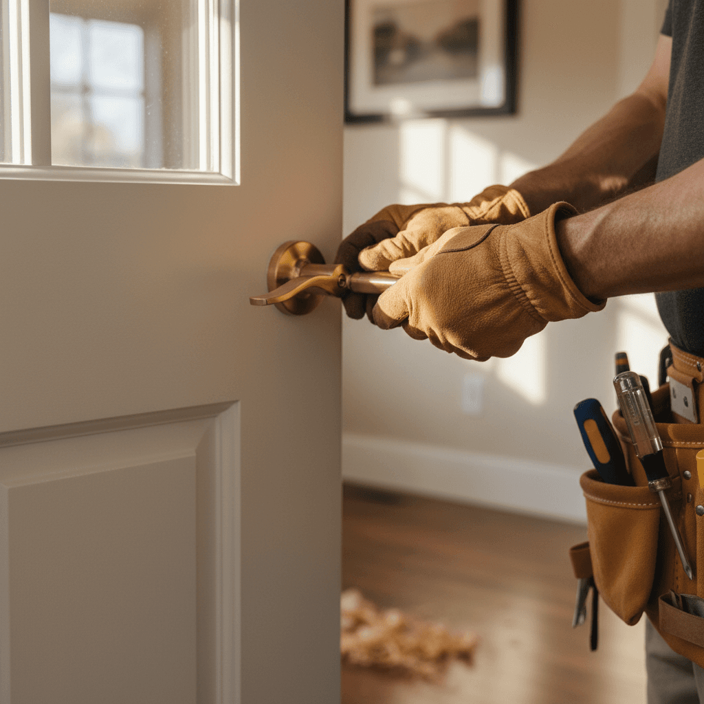 handyman with tools standing by completed drywall repair