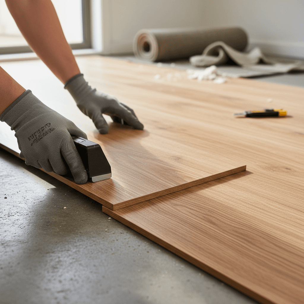 Contractor installing laminate flooring