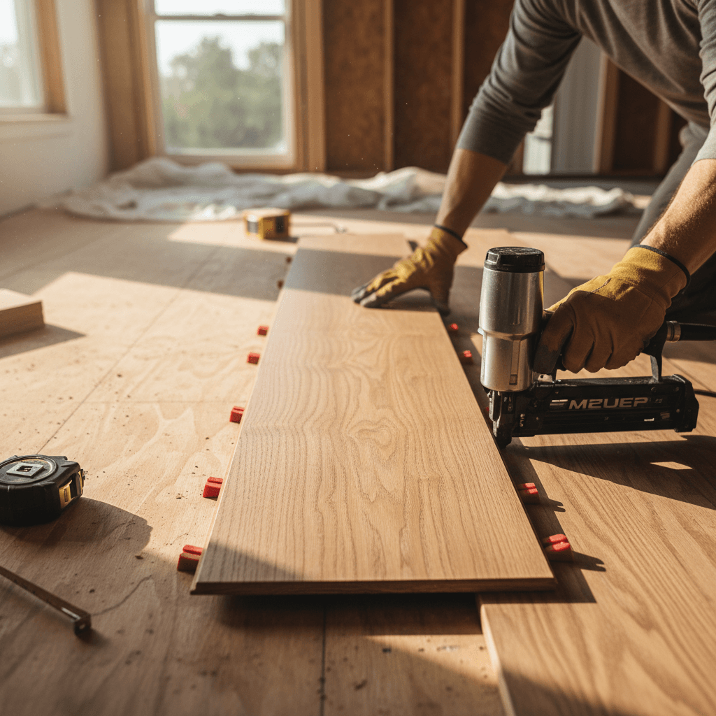 Jacob installing flooring plank by plank
