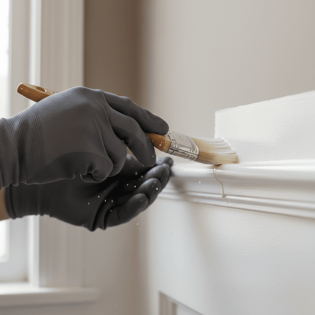 close up of paint brush cutting in clean paint line on wall trim