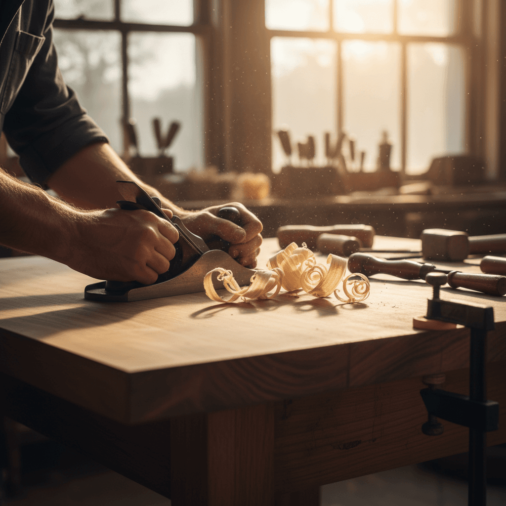 Handyman sanding a wooden table in a bright workshop, tools neatly arranged on the wall