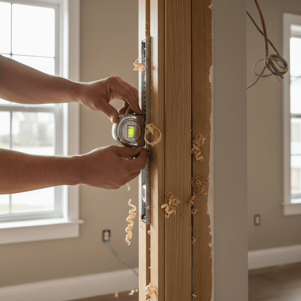 professional handyman installing new interior prehung door
