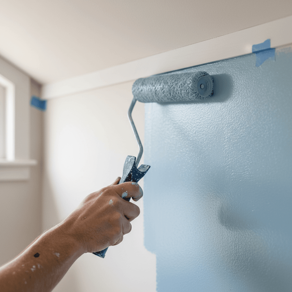 Jacob rolling paint on a wall in a Louisville home