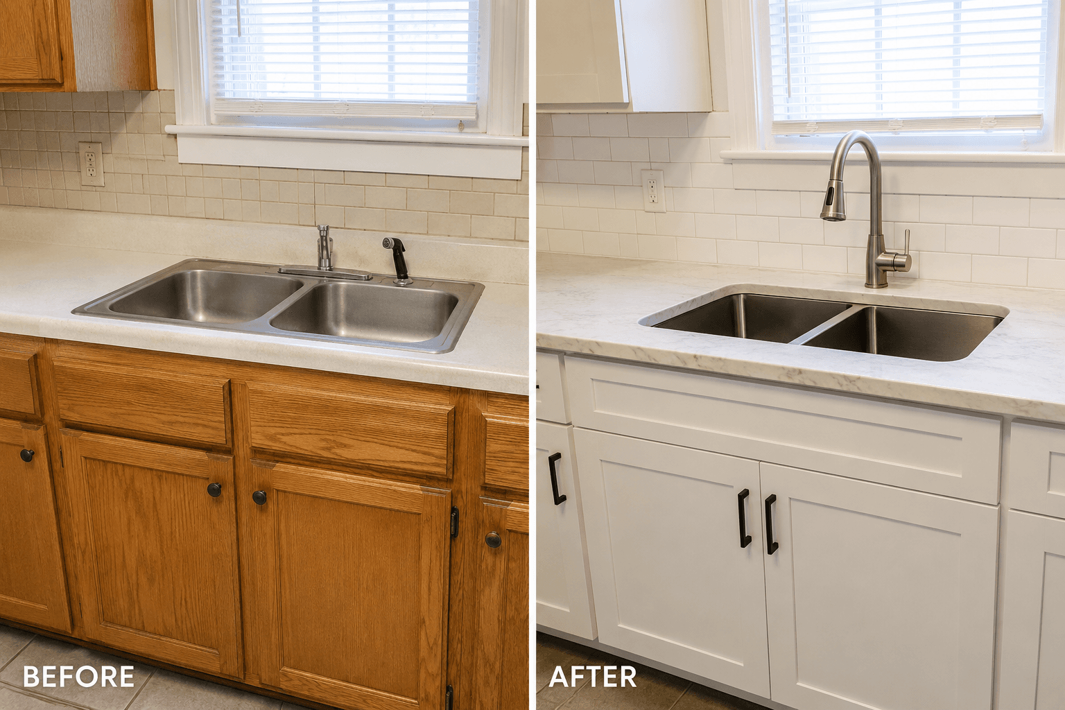 Before and after kitchen remodel showing transformation from oak to white cabinets and marble countertops.