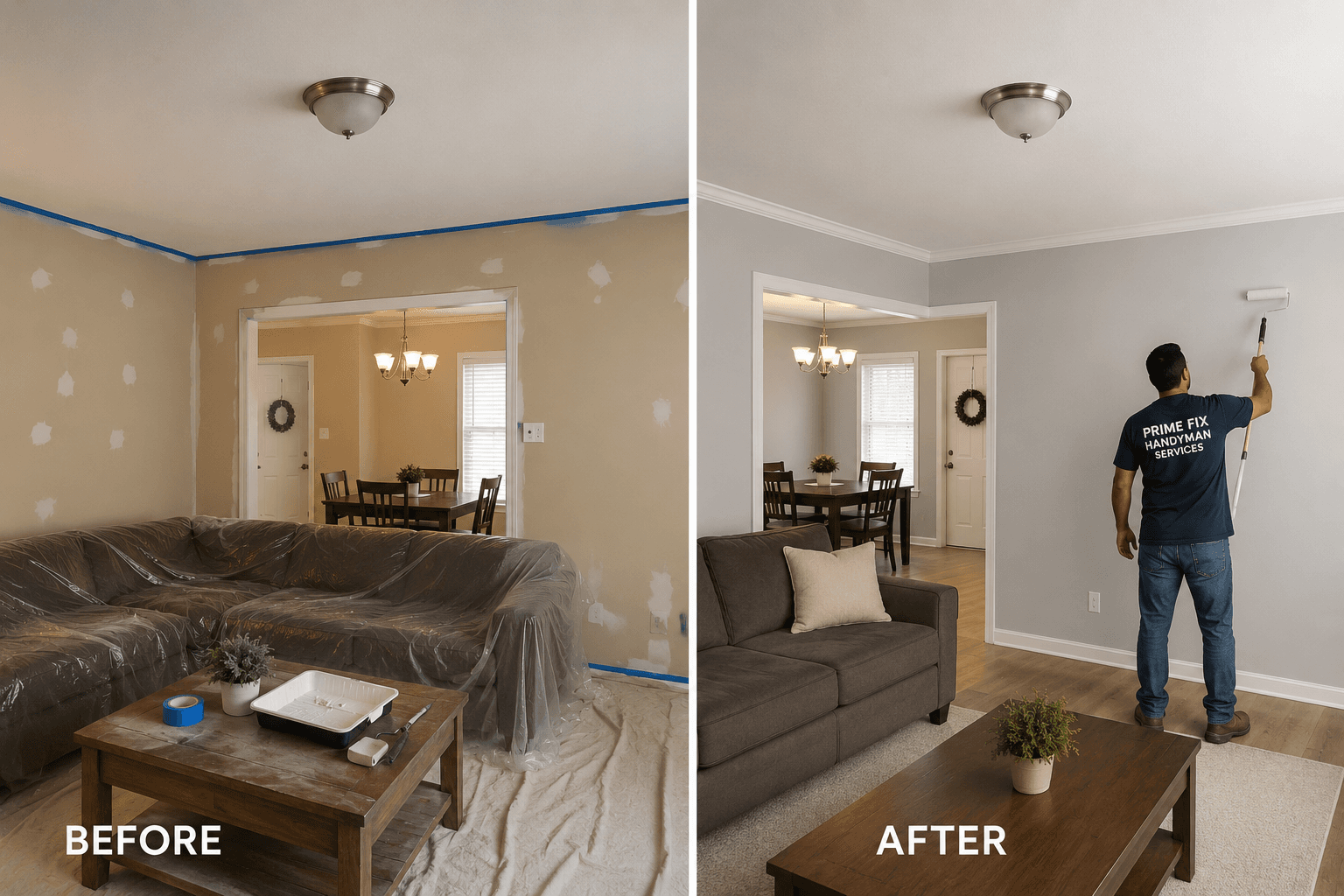 Before and after comparison of a living room being painted from tan to light gray.