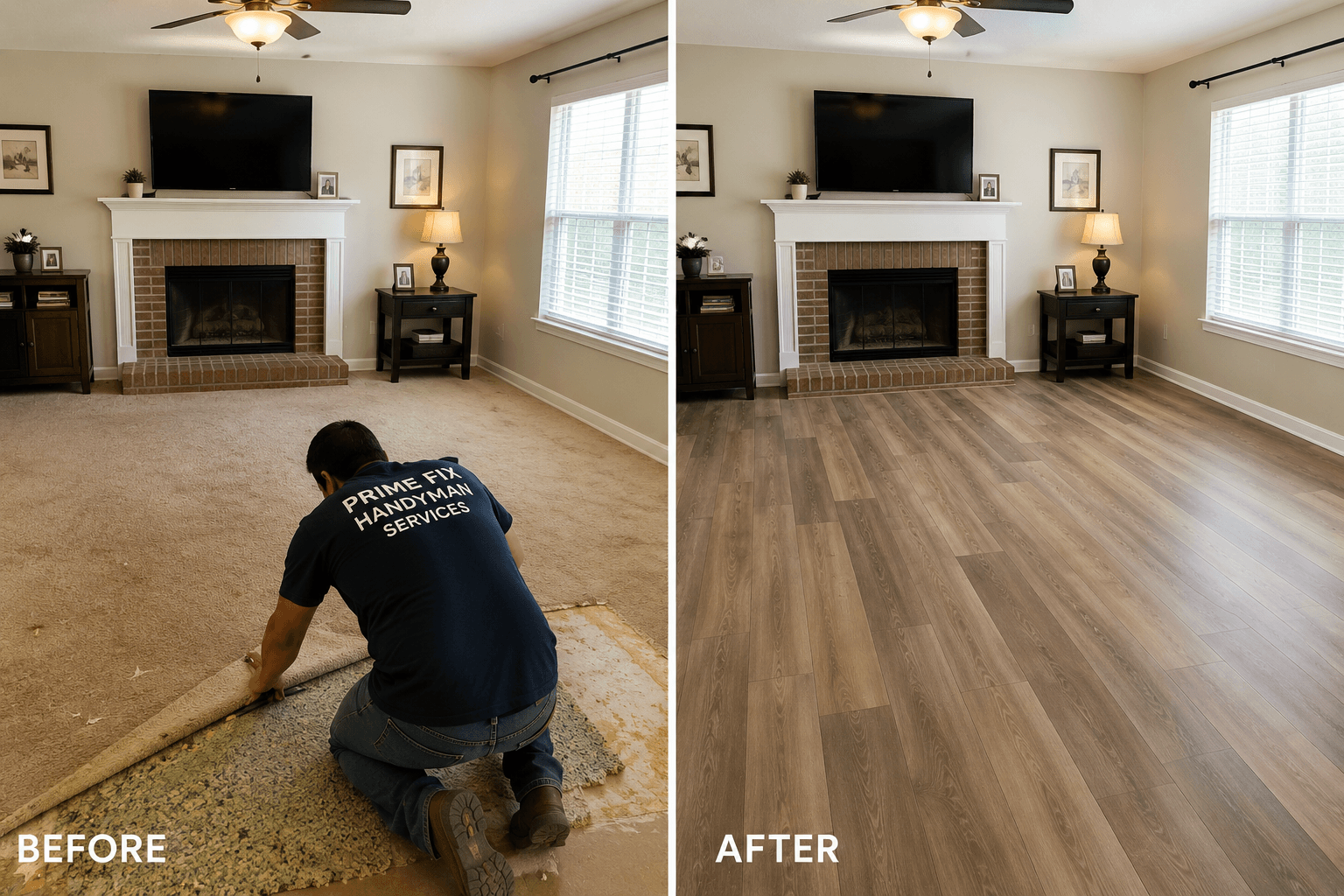 Before and after comparison of a living room floor renovation from carpet to wood-look planks.