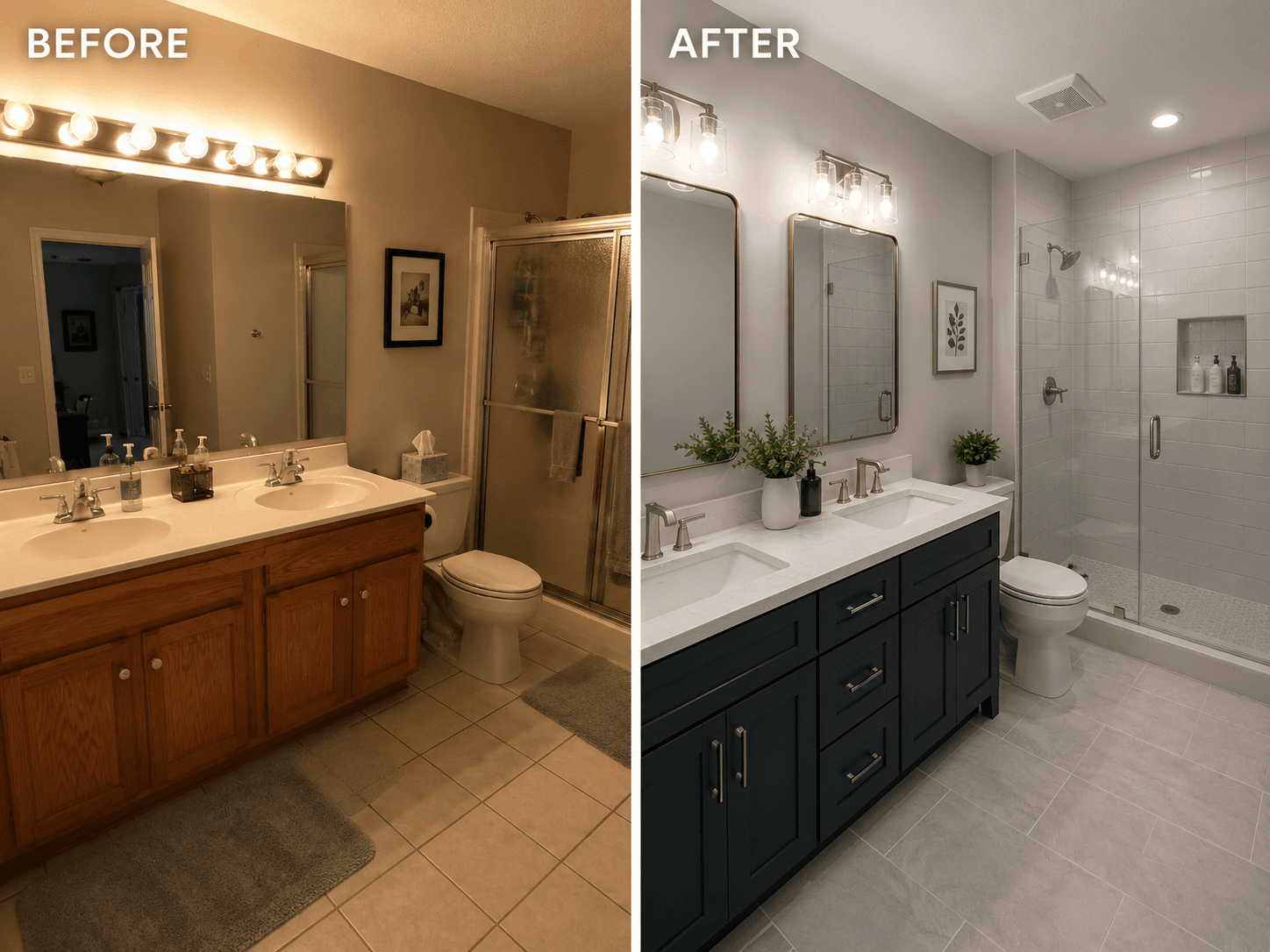 Before and after bathroom renovation from dated oak to a modern navy blue vanity.