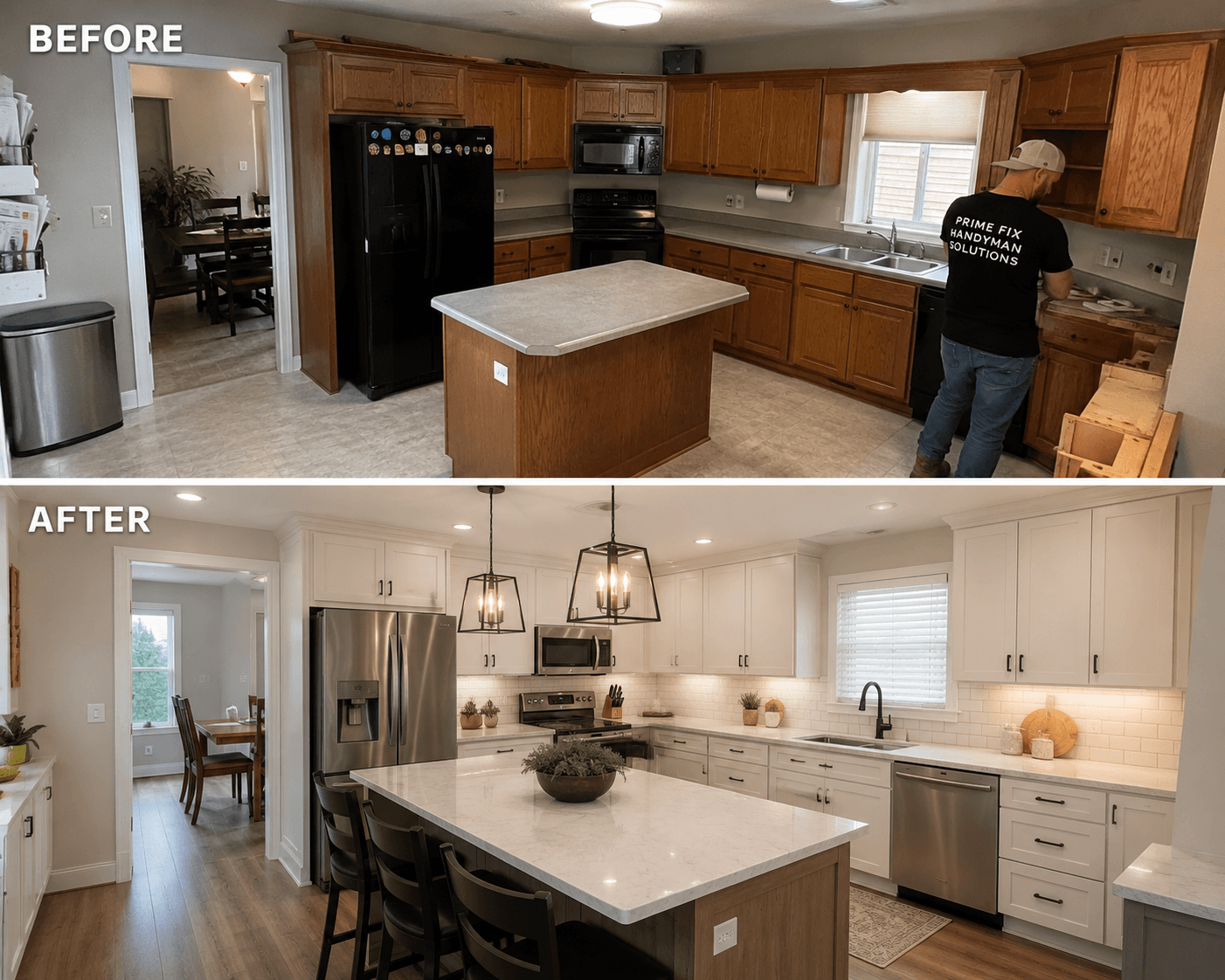 Before and after kitchen renovation transforming dated oak cabinets into modern white cabinetry and appliances.