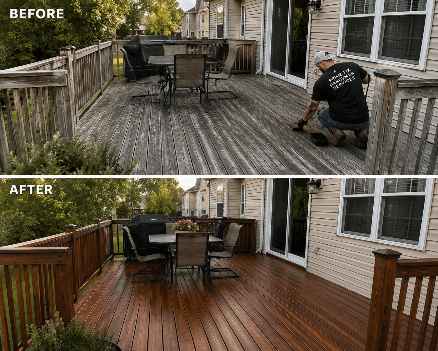 Before and after comparison of a weathered wooden deck restored with dark brown stain.