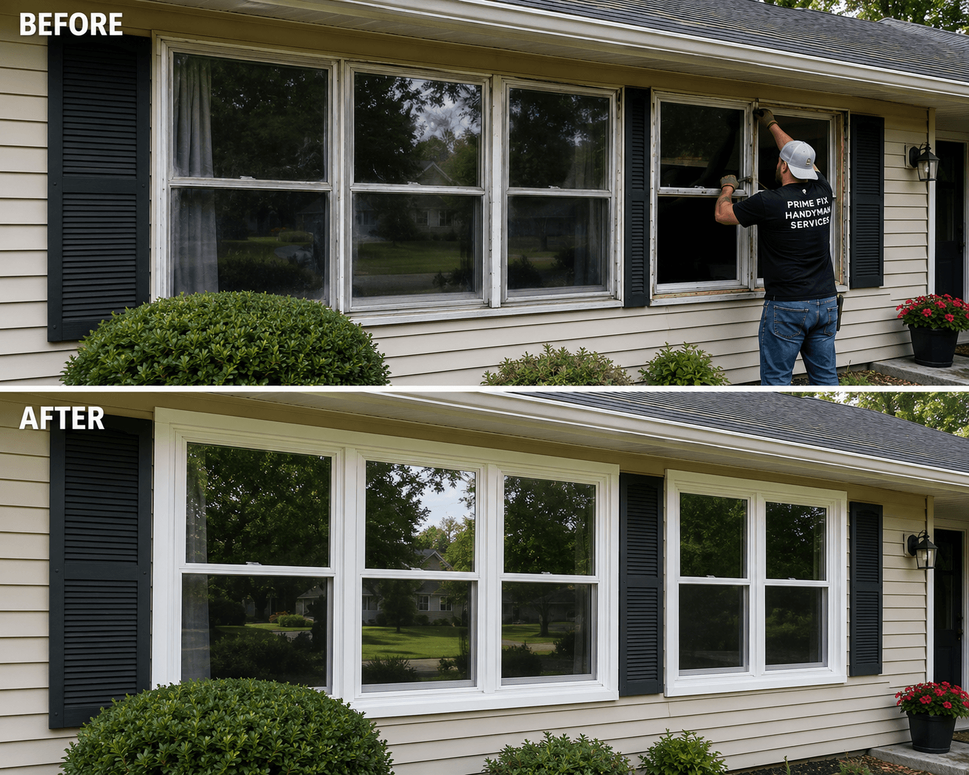 Before and after comparison of old windows replaced with new, clean white-framed windows.