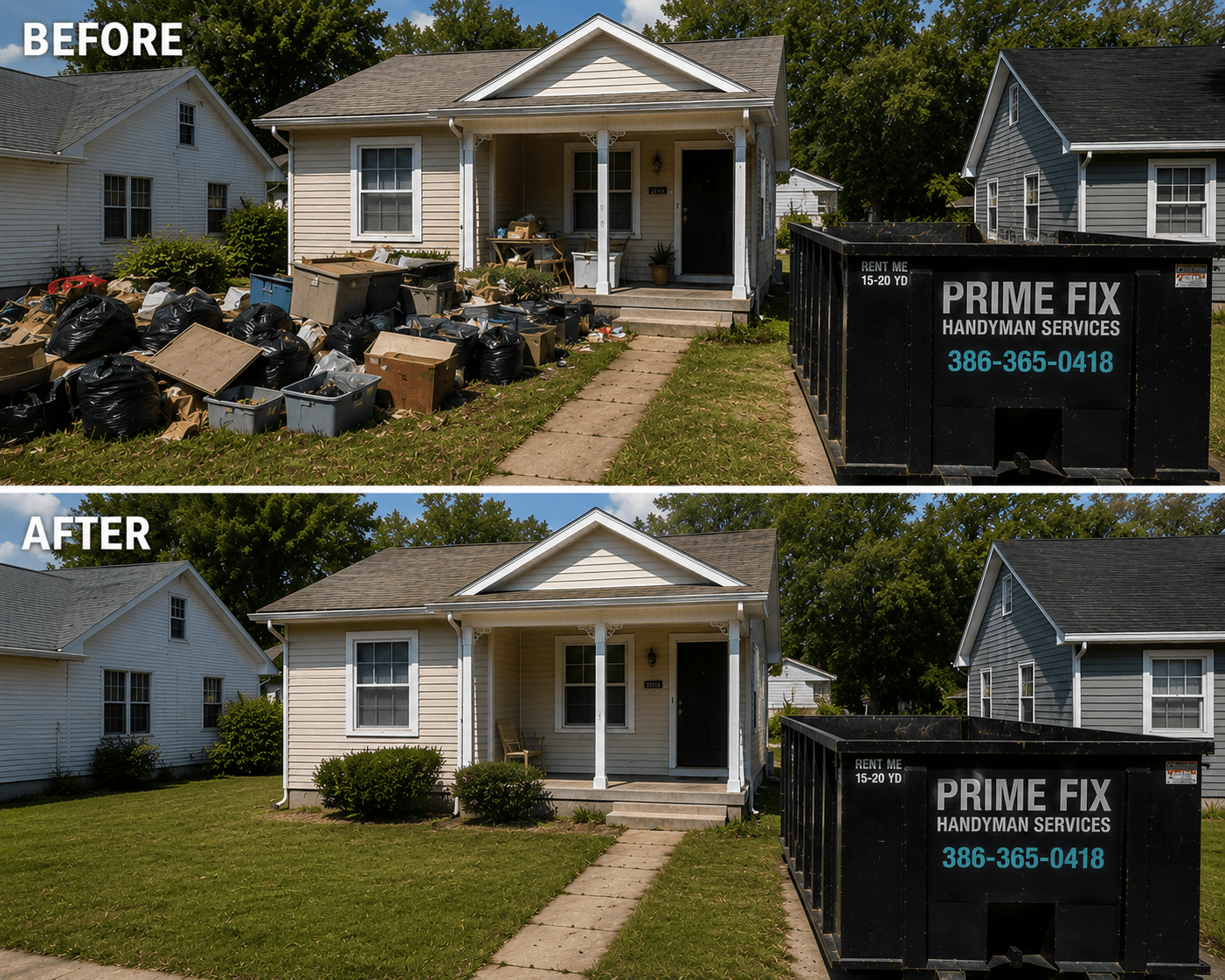 Before and after photos showing a house yard cleared of trash by professional handyman services.