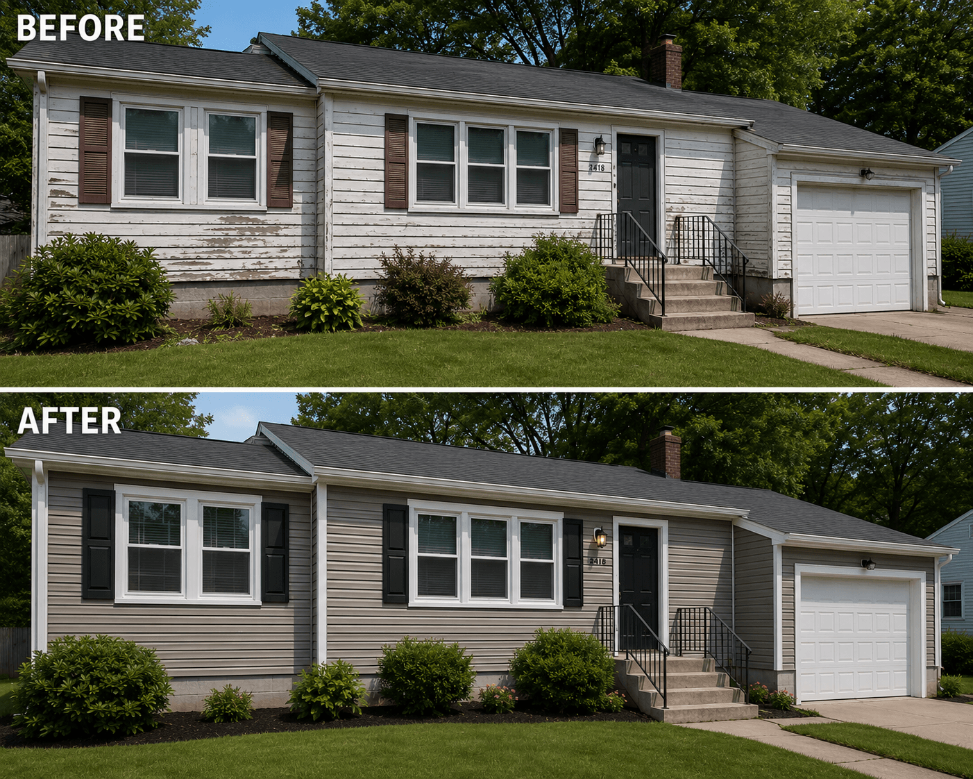 Before and after comparison of a house exterior with new grey siding and black shutters.