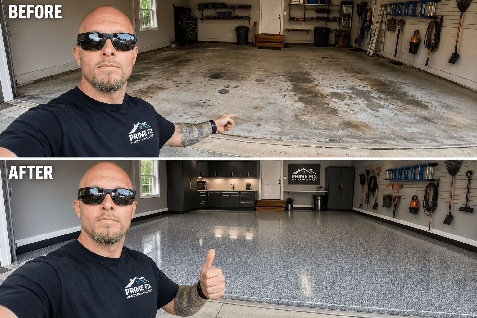 Before and after comparison of a garage renovation from stained concrete to polished epoxy flooring.